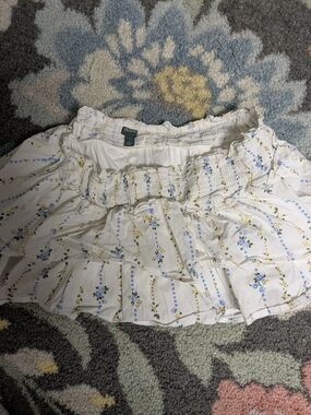Wild FAble White Floral Tiered Smocked Mini Skirt with Blue and Yellow Print